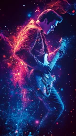 Neon electric guitarist in dual-tone particle bloom silhouette.