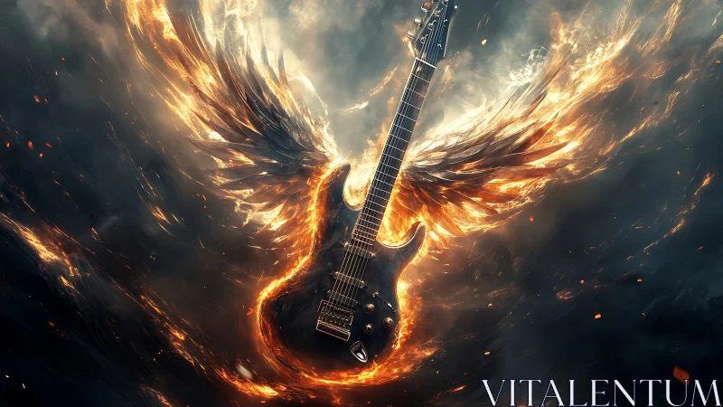 Electric guitar with fiery wings in stormy dark sky.