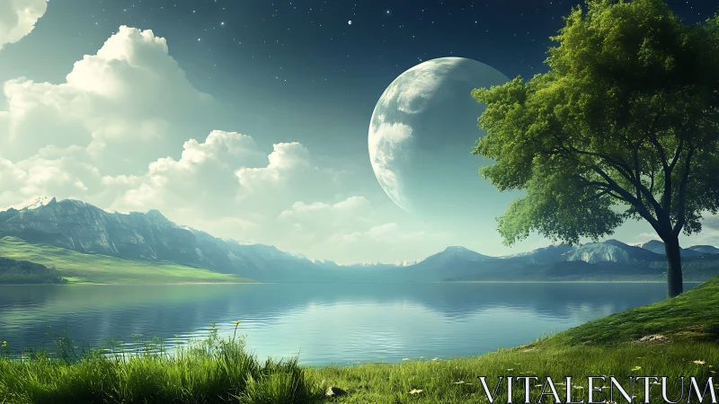 Serene alien lake under colossal moon and drifting clouds.