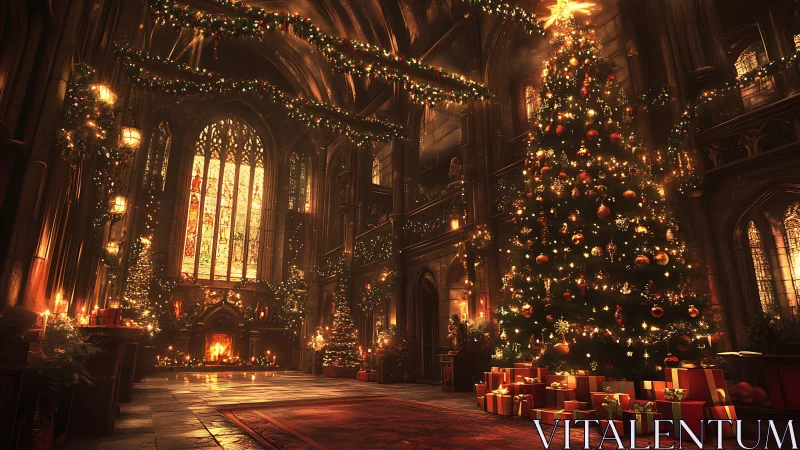 Grand cathedral hall with illuminated Christmas tree.