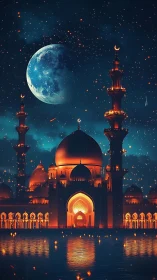 Nighttime mosque under large moon with reflective water.