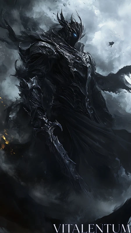 Shadow-armored dark warlord in storm-laden fantasy sky.
