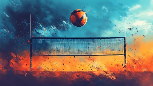 Dynamic volleyball net in fiery sky digital painting composition.