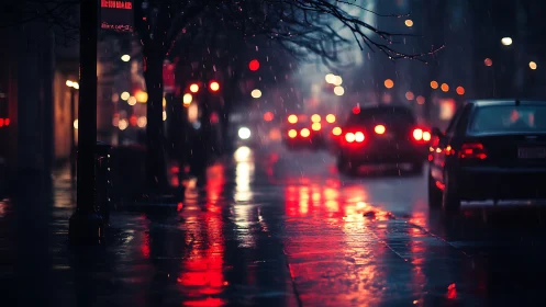 Rain falls over a city street with defocused vehicle lights
