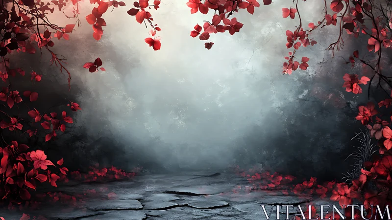 Foggy forest clearing framed by dense red foliage edges