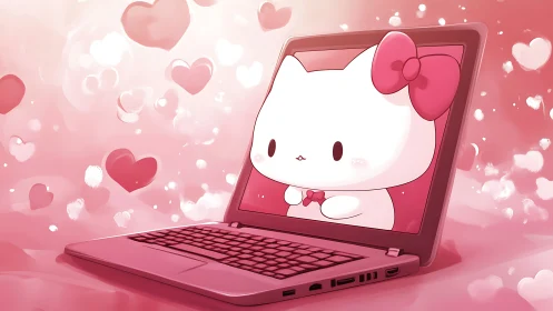 Cartoon white cat appears on pink laptop screen with hearts