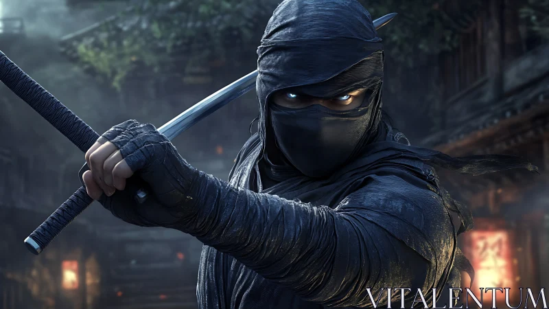 Stealthy midnight ninja poised with gleaming katana blade.
