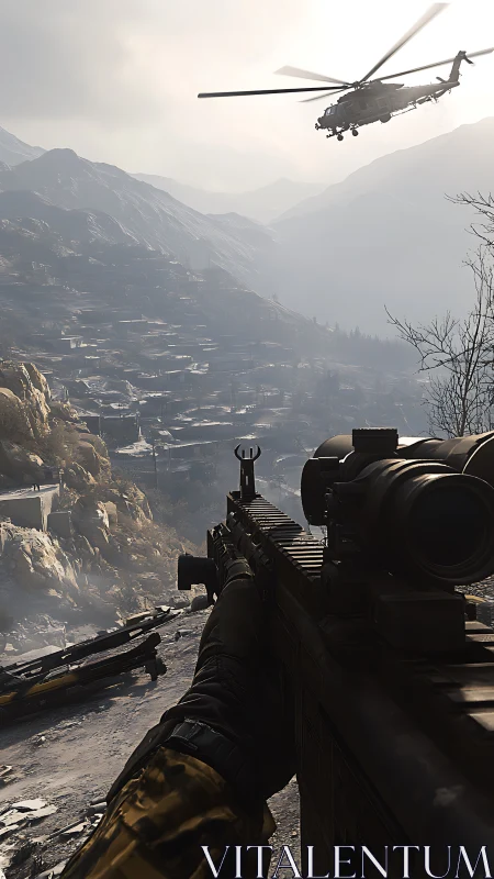 First person tactical rifle aim toward helicopter over misty valley