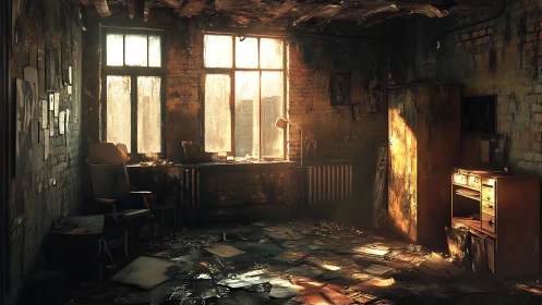 Abandoned brick studio lit by low angle sunset window beams