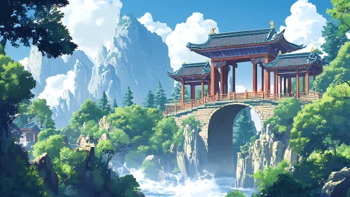 Sunlit mountain bridge where quiet rivers meet the sky.