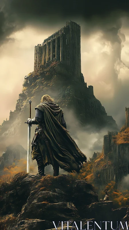 Armored warrior surveys ruined cliff fortress under storm clouds