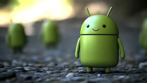 Green android mascot figure on pebbled ground in focus.