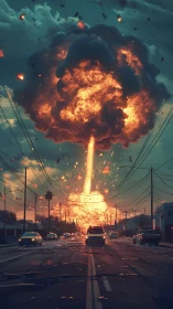 Fiery sky eruption over a quiet suburban street at dusk.