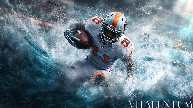 Football runner surges through crashing waves in dynamic power