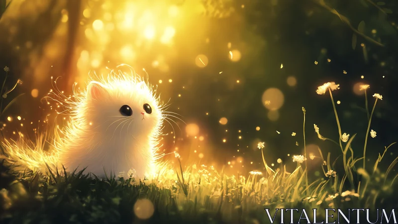Small white kitten sits in backlit meadow under warm light