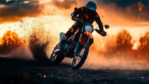 Motorcyclist carves through dirt at sunset in vivid motion