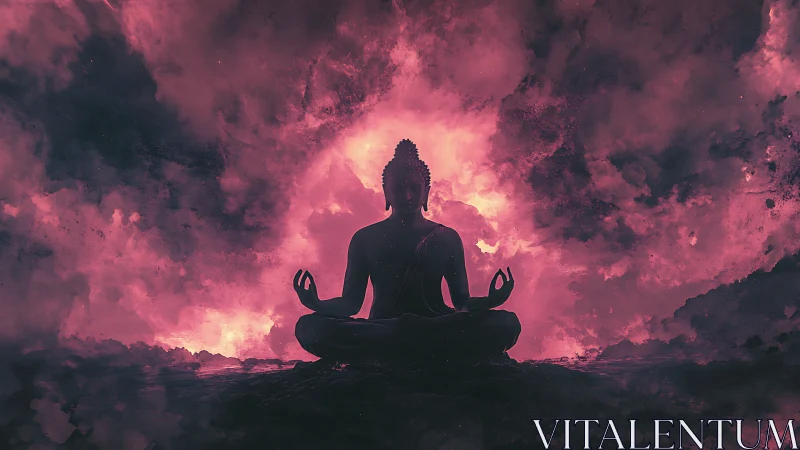 Meditative Buddha silhouette amid magenta nebula vortex field