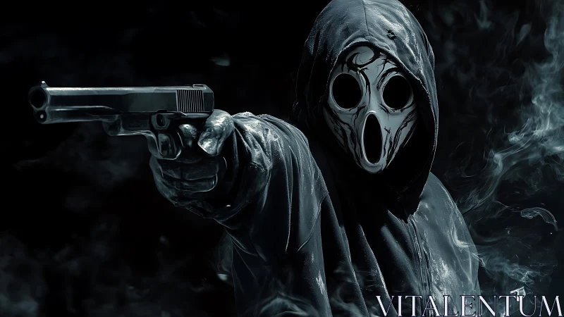 Masked gunman in hooded cloak emerging from dark smoke.