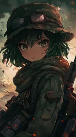 Green-eyed battlefield scout wrapped in emberlit resolve.