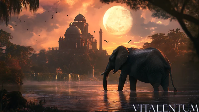Moonlit elephant wanders quietly before a glowing riverside temple