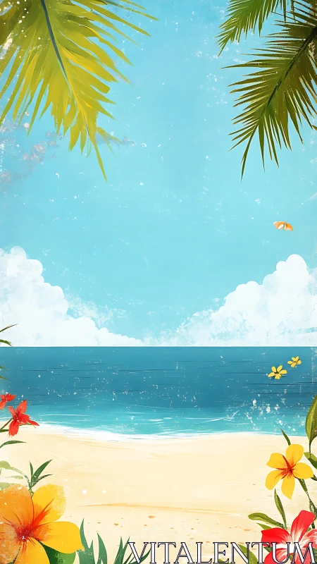 Tropical Beach Paradise with Vibrant Flowers and Clear Sky.