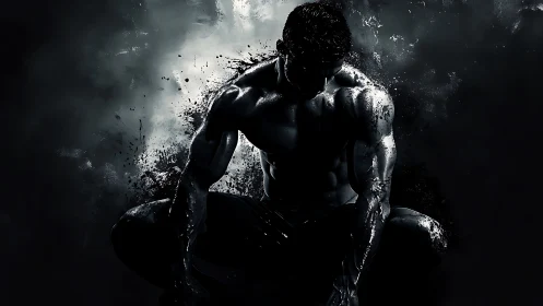 Shadow-drenched muscular figure in explosive monochrome burst.