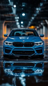 Sport sedan stands in neon-lit rain with dramatic reflections