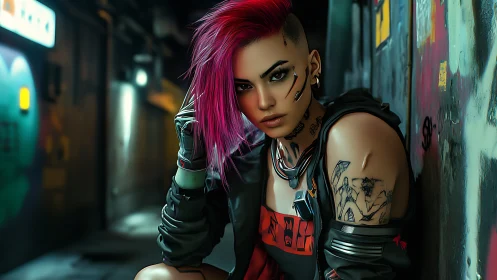 Cyberpunk alley portrait with neon-accented rebel composition.