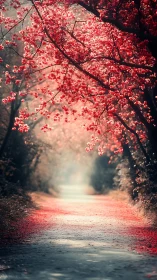 Atmospheric pathway framed by dense red flowering canopy with volumetric light scattering effects