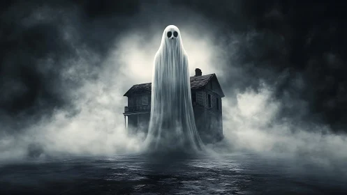 Gentle ghost drifting above a moody fog wrapped house.