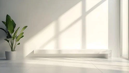 Minimal white interior with bench and potted plant.