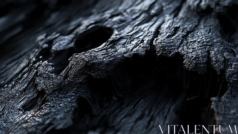 Charred wood macro revealing molten textures and glossed grain.