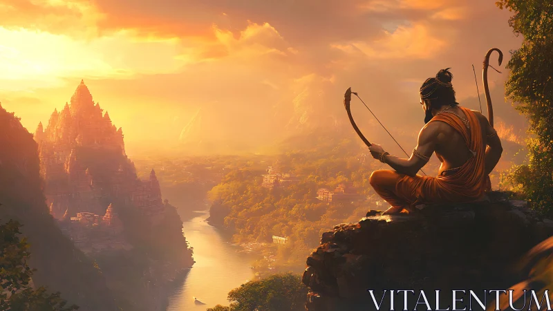 Sunlit archer overlooking mythic river temple valley scene.