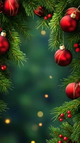 Red baubles and evergreen branches frame a festive bokeh field