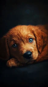 Golden puppy gazes softly in a dramatic low-light portrait.