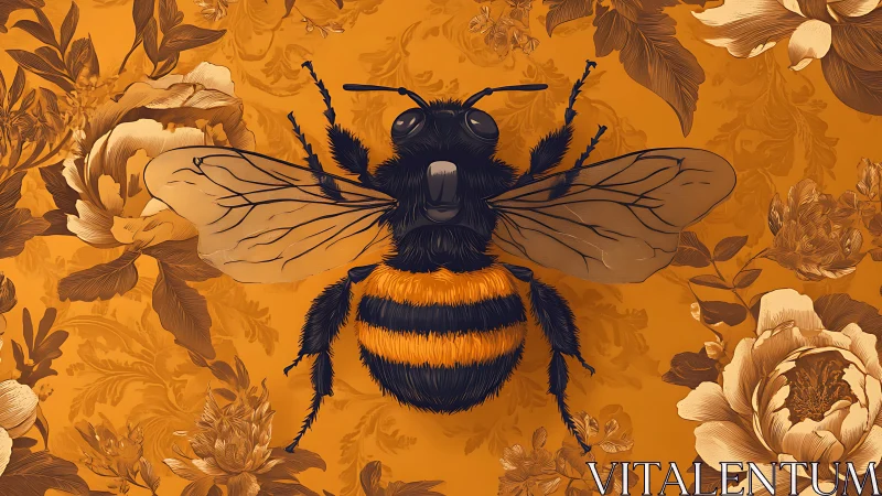 Detailed bumblebee illustration rests over ornate floral background
