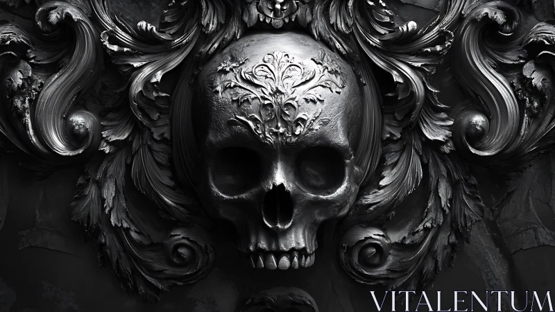 Baroque metal skull emerges from dark ornamental scrollwork