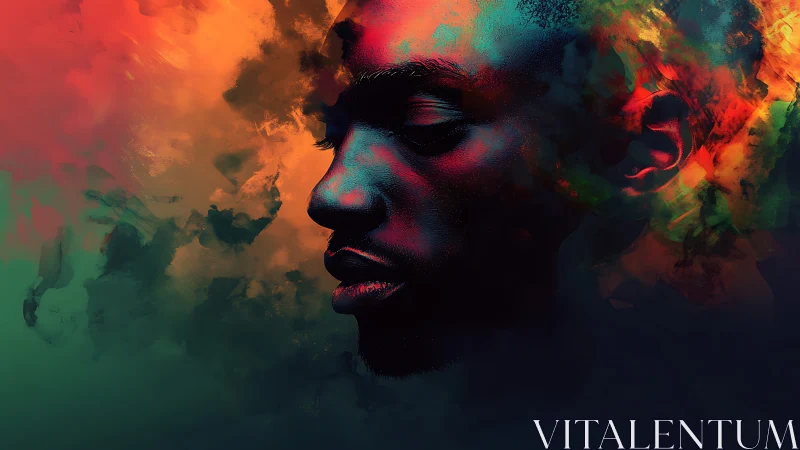 Luminous profile emerges from swirling neon clouds of thought