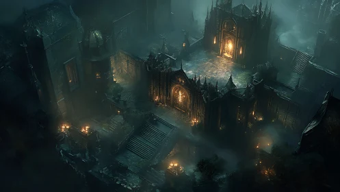 Gothic citadel courtyard in volumetric nocturnal fog.