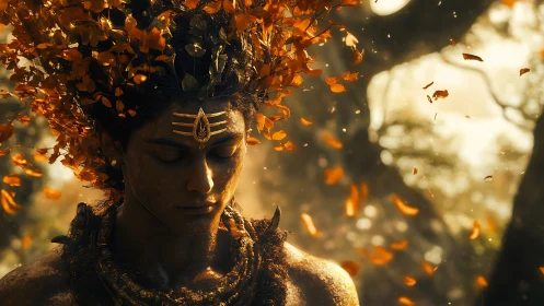 Forest spirit drifts inward as autumn crowns their silence