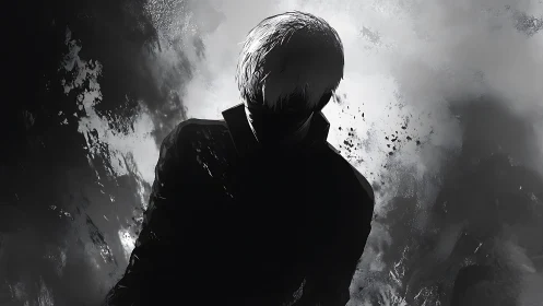 Shadowed figure emerges in stark monochrome misty void.