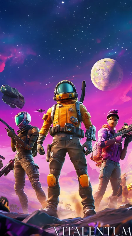 Three armed space explorers stand on alien terrain under stars