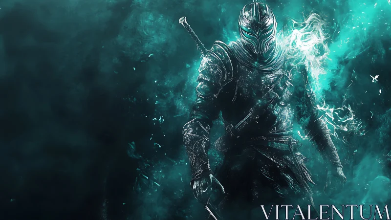 Spectral armored knight in teal ethereal flame burst field