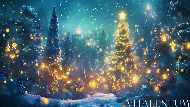 Enchanted winter forest crowned with shimmering starlit trees.