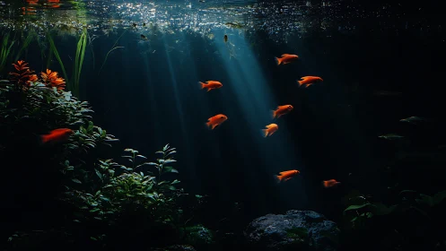Underwater scene with orange fish in directional light beams.