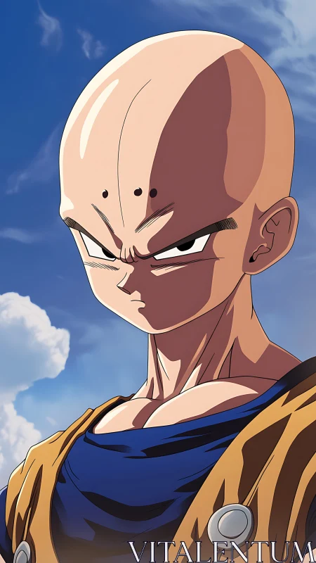 Stoic anime warrior under vivid blue sky portrait.