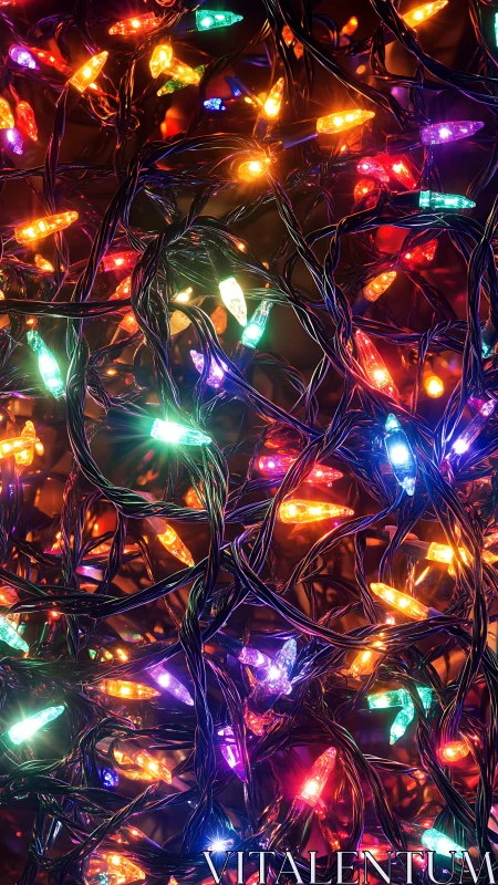Tangled LED string lights emit multicolored illumination