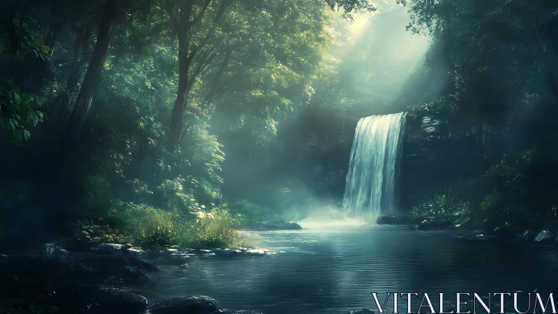 Waterfall descending into forested pool with atmospheric light diffusion