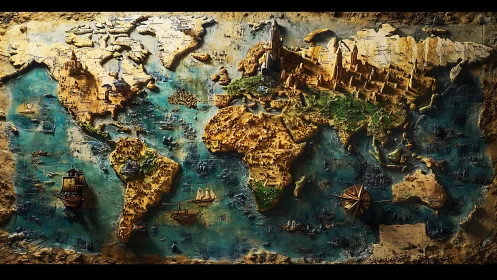 Tactile 3D world map relief integrates ships and fantasy citadels