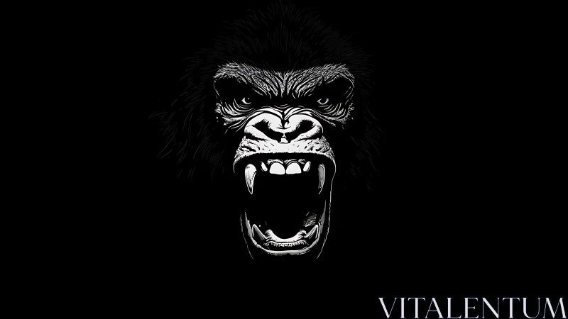Monochrome roaring gorilla portrait in stark negative space.